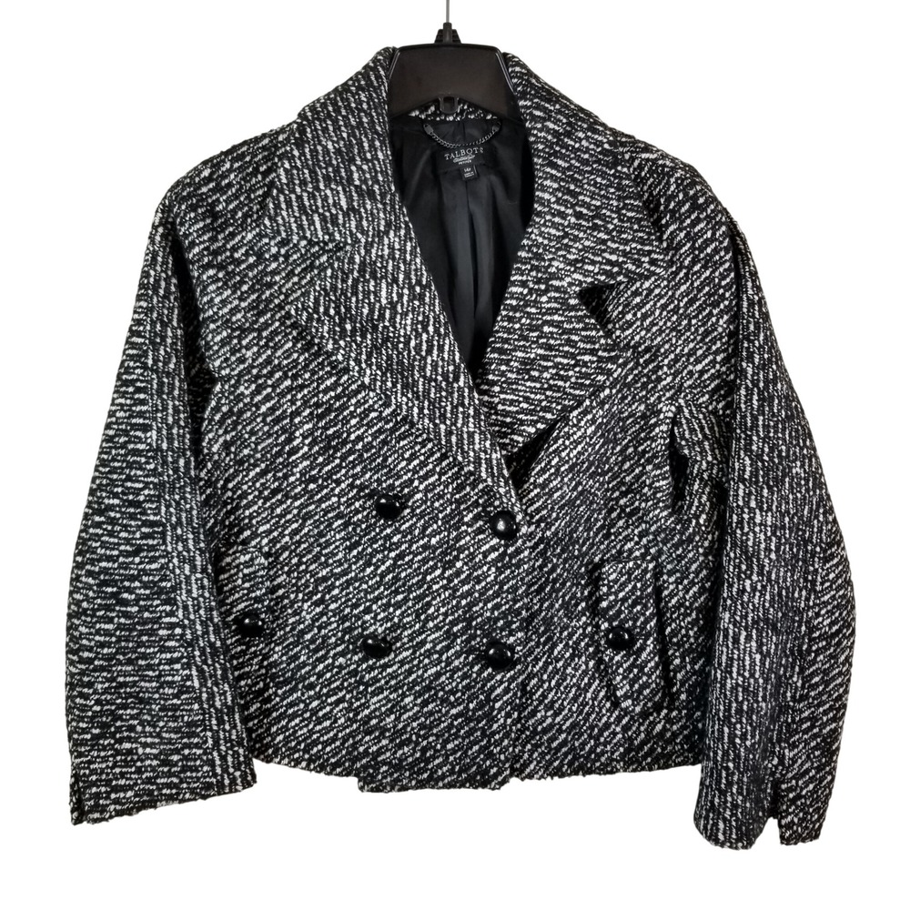 Talbots Petites Wool Blend Tweed Pea Coat Black White Double Breasted Jacket 14P